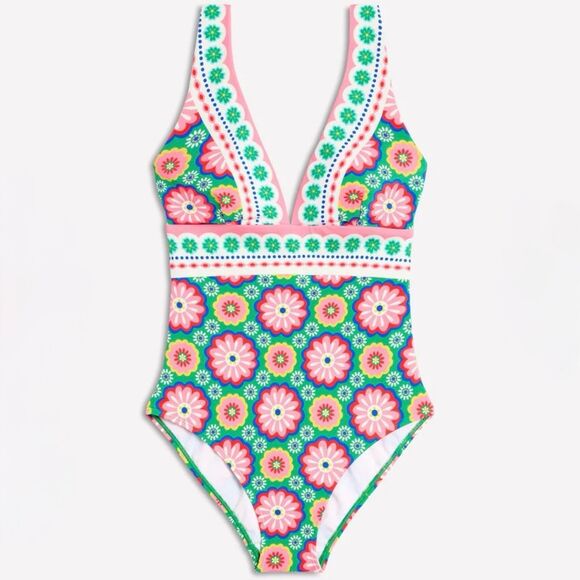 Boden Other - Boden Porto V-Neck Size 16-18 Long One Piece Swimsuit Multi Flower Print